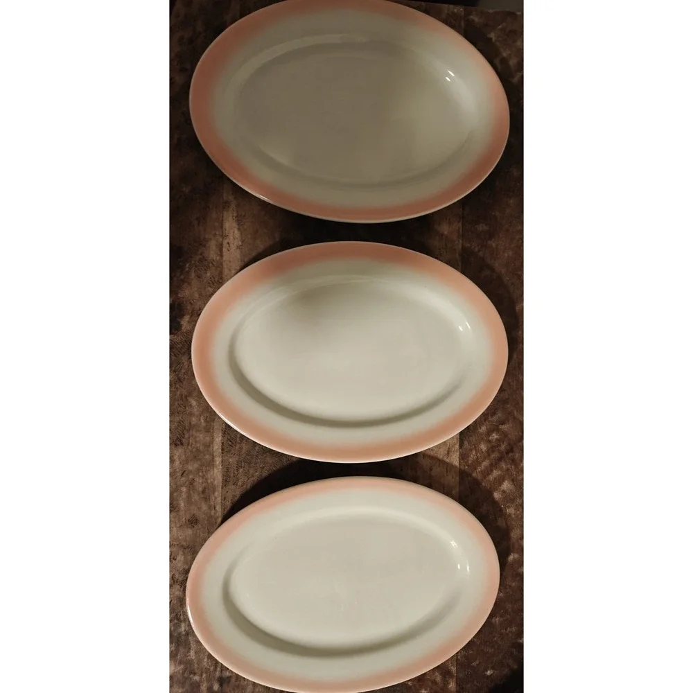 Set‎ Of 3 Vintage Caribe China USA Pink Sunset Airbrush Oval Platter Plates